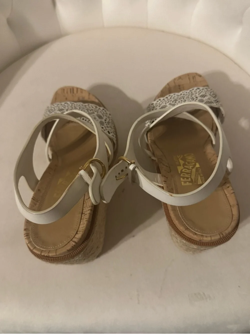 Salvatore Ferragamo White Laser-Cut Cork Wedge Sandals
